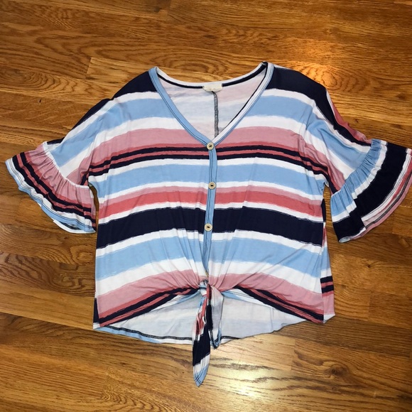 Striped V-Neck Front Tie Top - Picture 2 of 6